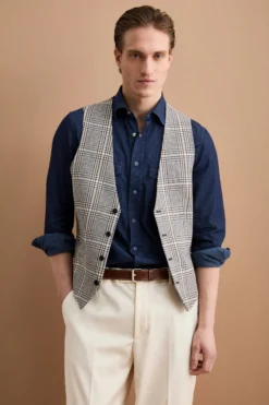 Gilet Check Foderato in Misto Lana Vergine e Lino - NERO QUADRI