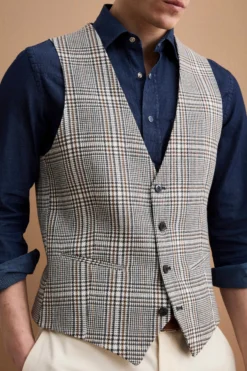 Gilet Check Foderato in Misto Lana Vergine e Lino - NERO QUADRI