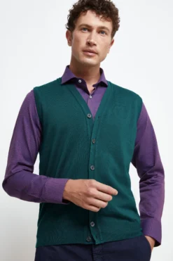 Gilet con Bottoni in Lana merino - VERDE SCURO