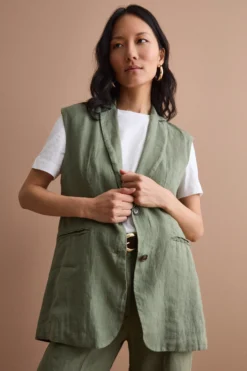 Gilet Sfoderato in Lino con Revers Classico - VERDE MILITARE