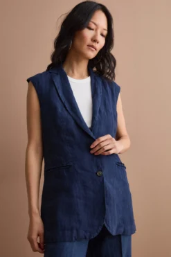 Gilet Sfoderato in Lino con Revers Classico - NAVY