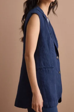 Gilet Sfoderato in Lino con Revers Classico - NAVY