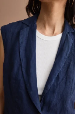 Gilet Sfoderato in Lino con Revers Classico - NAVY
