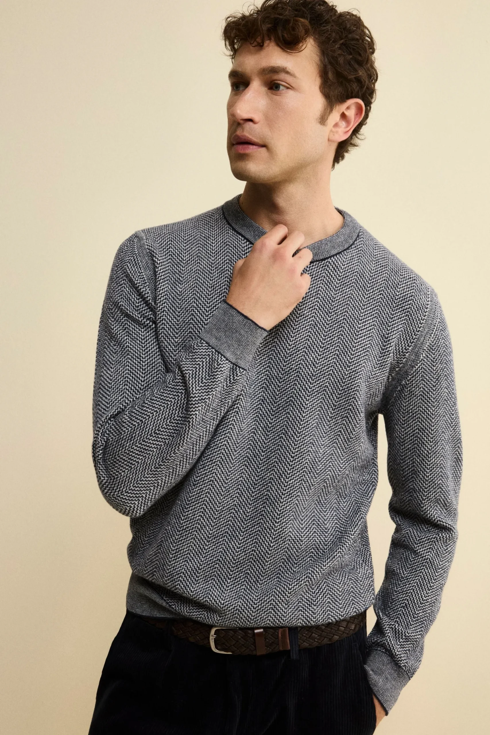 Girocollo Jacquard in Lana e Cashmere - BLU/LATTE