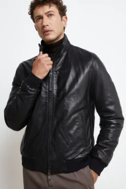 Giubbotto di Pelle con Zip - NERO