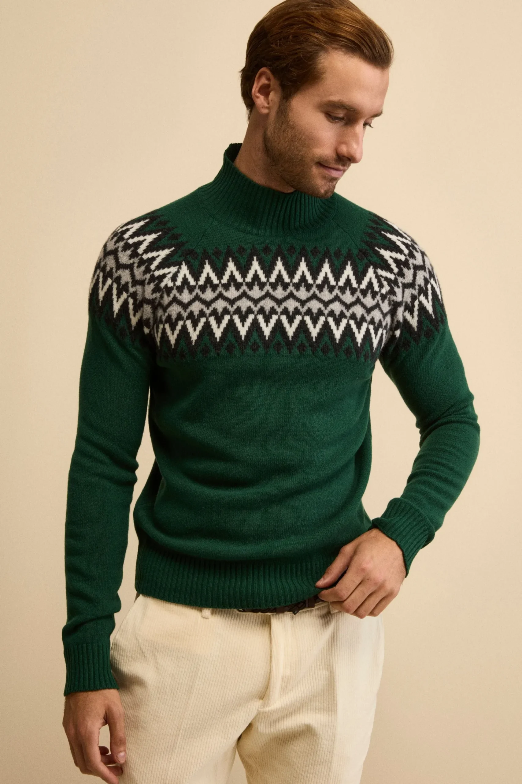 Lupetto Jacquard Norvegese in Lana Merino - VERDE/GRIGIO