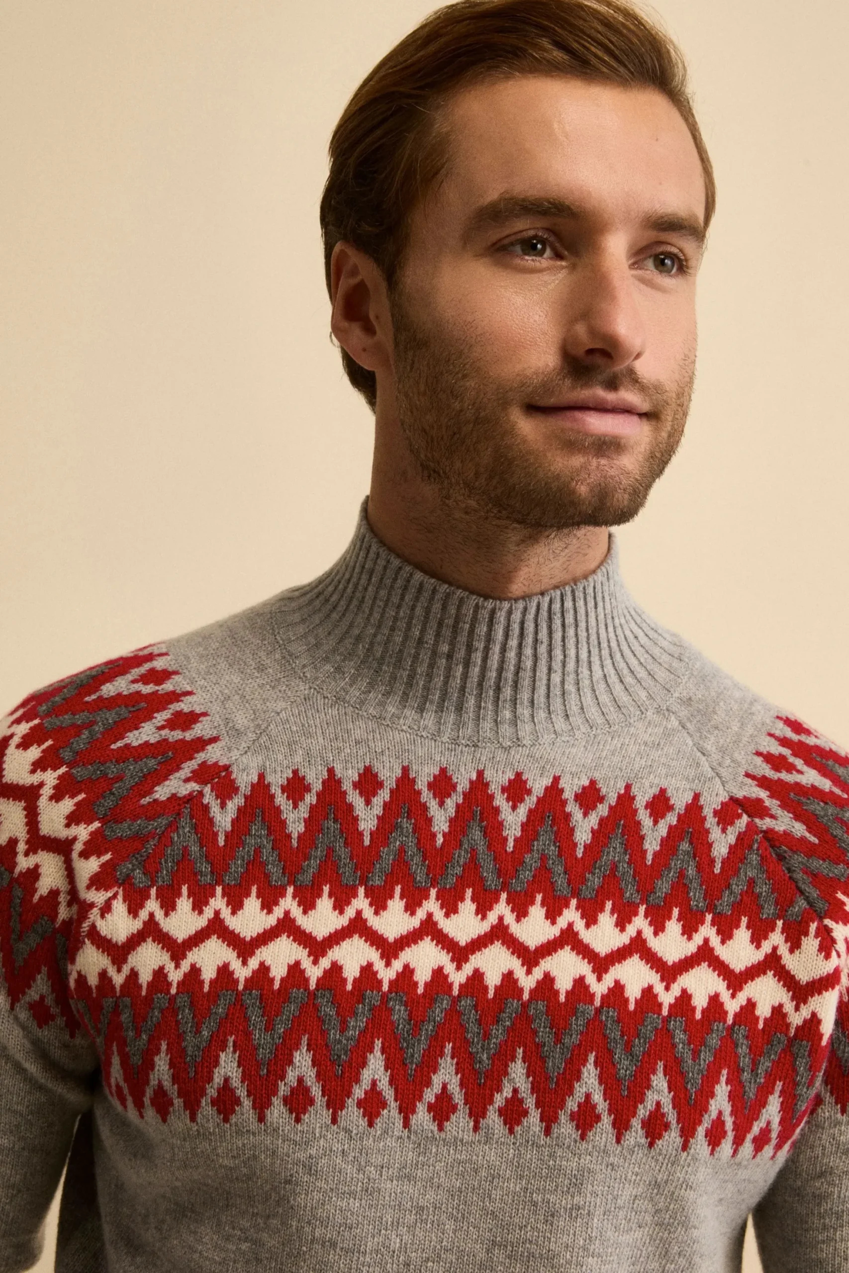 Lupetto Jacquard Norvegese in Lana Merino - GRIGIO/ROSSO