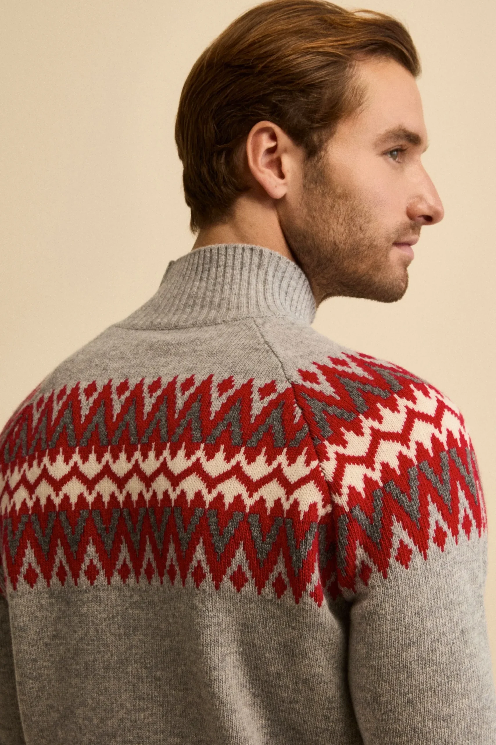 Lupetto Jacquard Norvegese in Lana Merino - GRIGIO/ROSSO