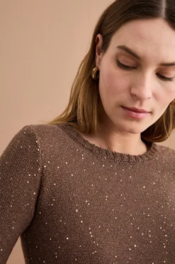 Maglia Barchetta in Cotone con Paillettes - TABACCO