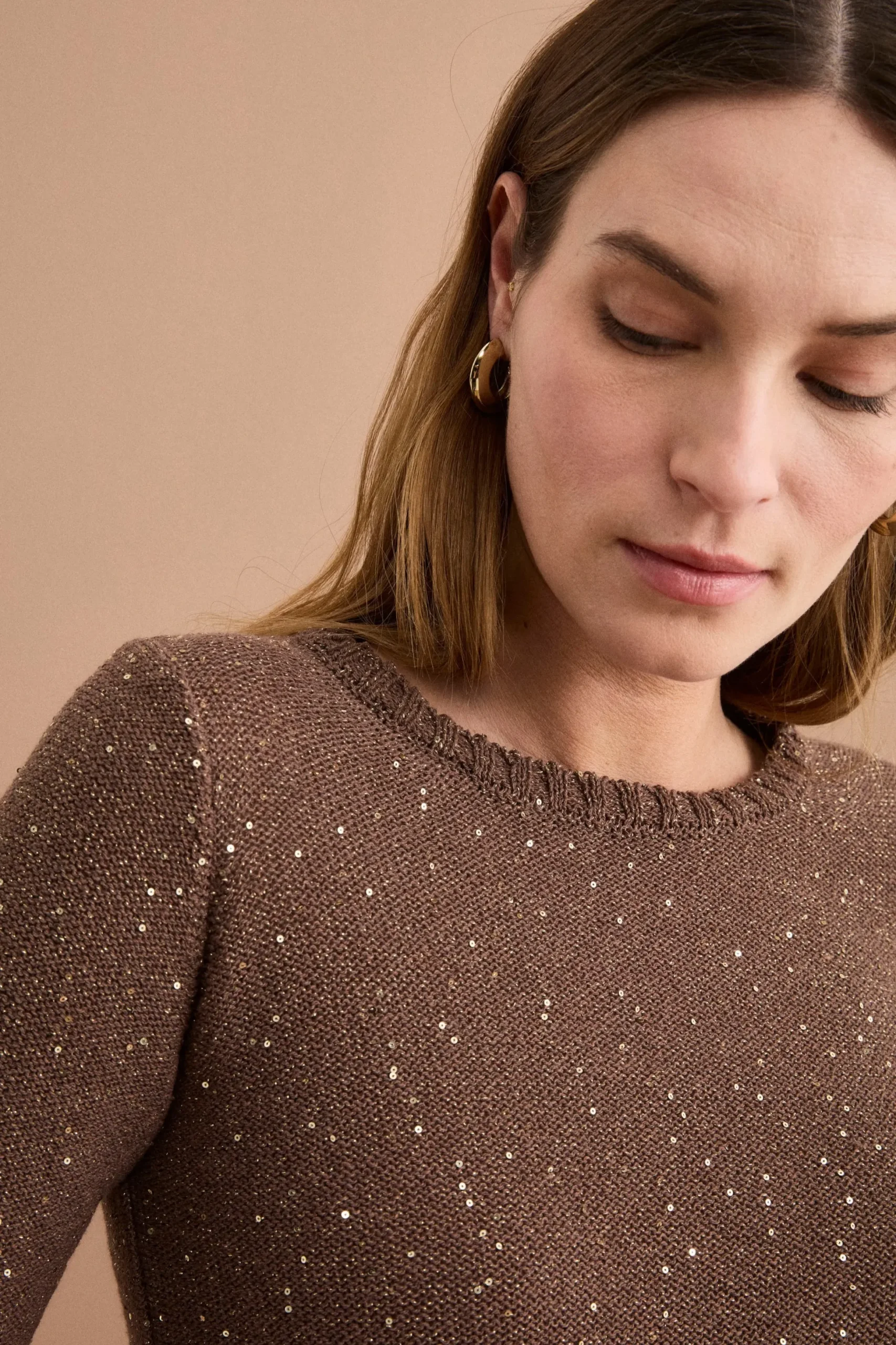 Maglia Barchetta in Cotone con Paillettes - TABACCO