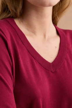 Maglia Boxy in Cotone con Scollo a V - BORDEAUX