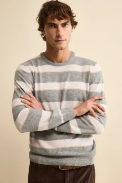 Maglia Girocollo a Righe in Misto Lana e Cashmere - RIGATO GRIGIO/PANNA