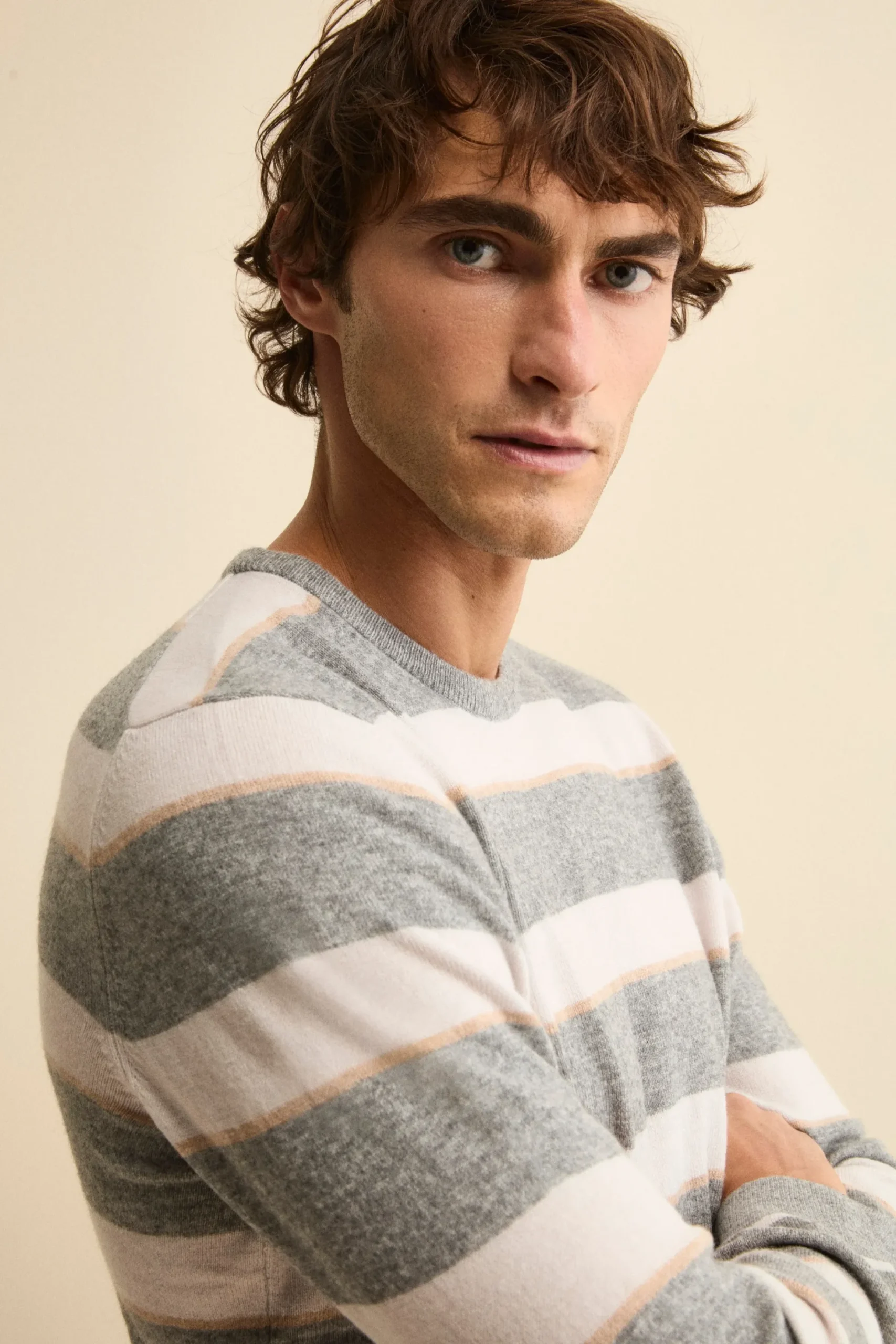 Maglia Girocollo a Righe in Misto Lana e Cashmere - RIGATO GRIGIO/PANNA