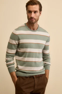 Maglia Girocollo a Righe in Misto Lana e Cashmere - RIGATO VERDE/BEIGE