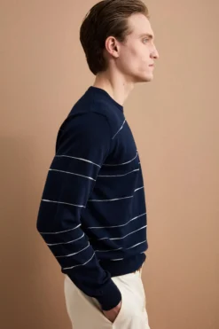 Maglia Girocollo a Righe Regular Fit in Cotone - BLU/BIANCO