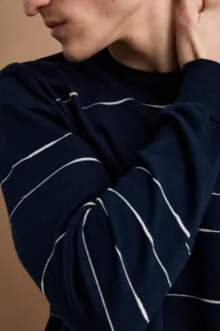Maglia Girocollo a Righe Regular Fit in Cotone - BLU/BIANCO