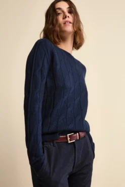 Maglia Girocollo a Trecce in Lana Merino - NAVY