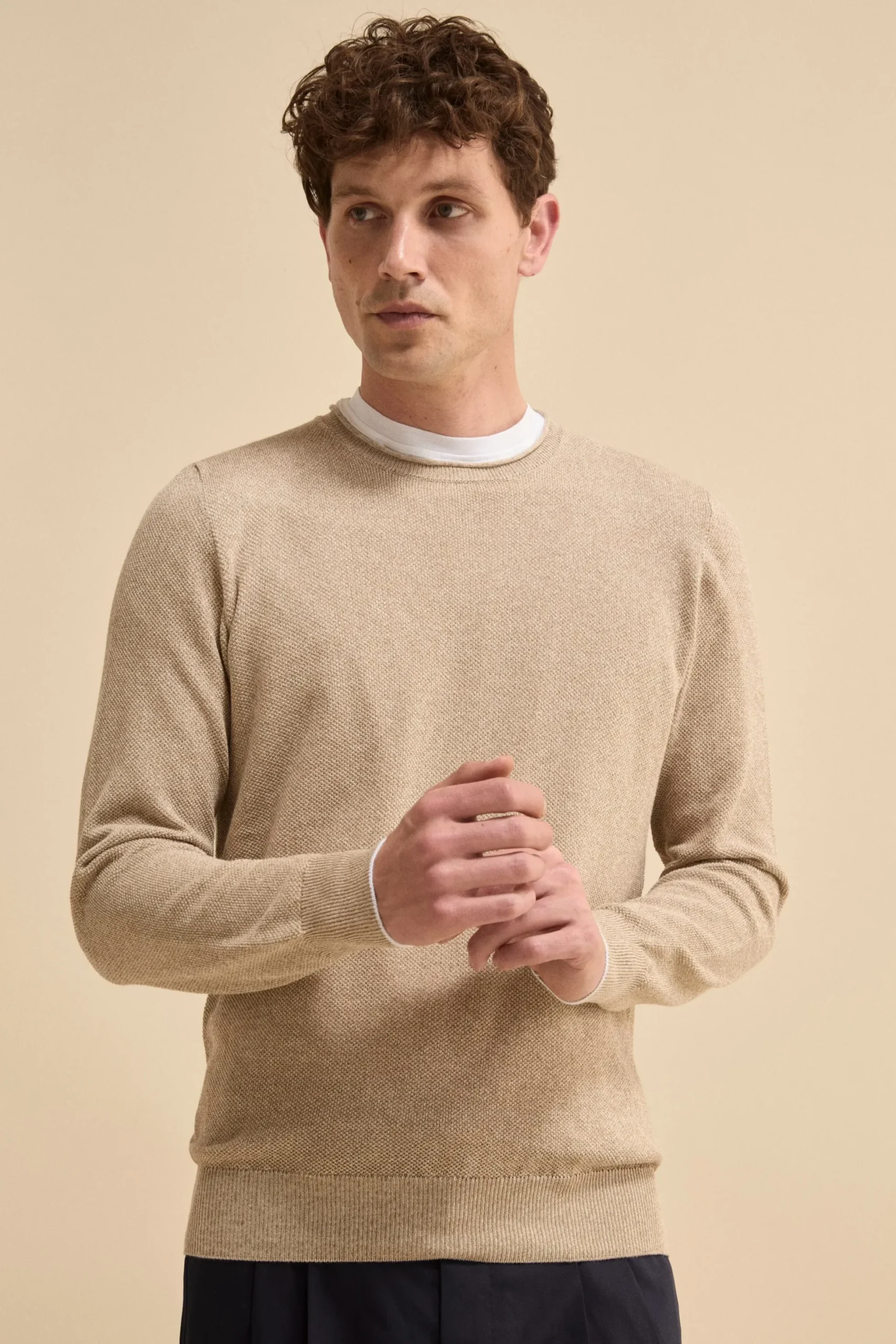 Maglia Girocollo Bicolore in Cotone - BEIGE/BIANCO