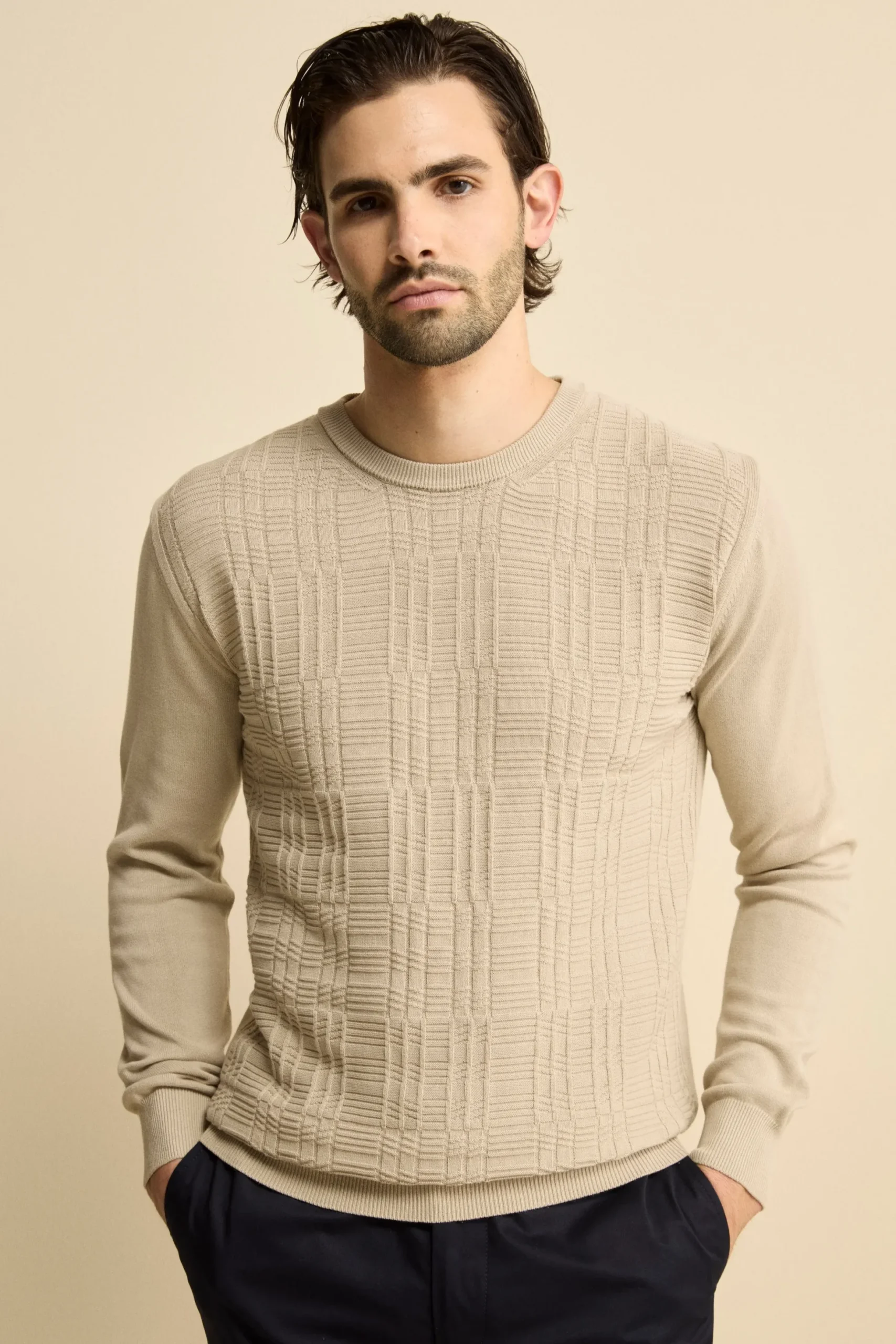 Maglia Girocollo con Crepe in cotone - SABBIA