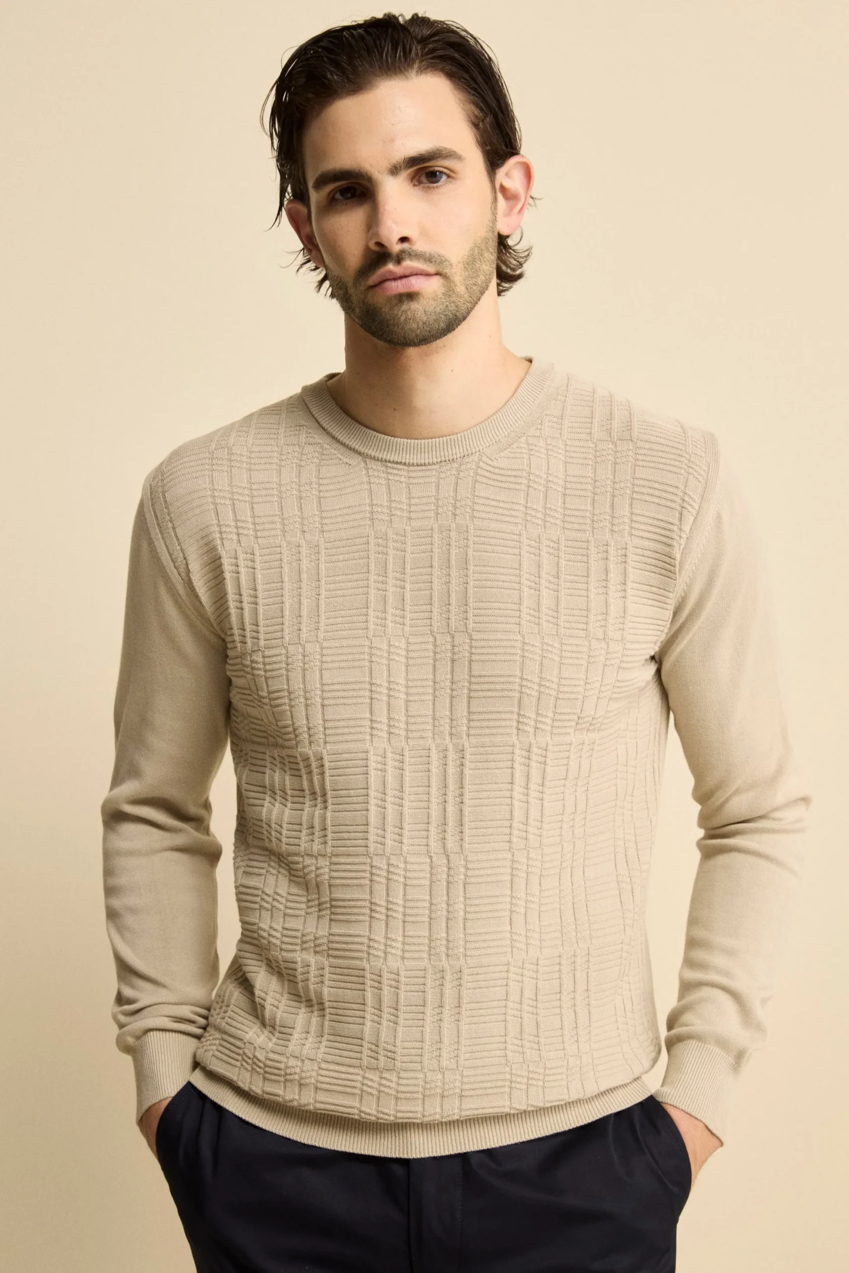 Maglia Girocollo con Crepe in cotone - SABBIA
