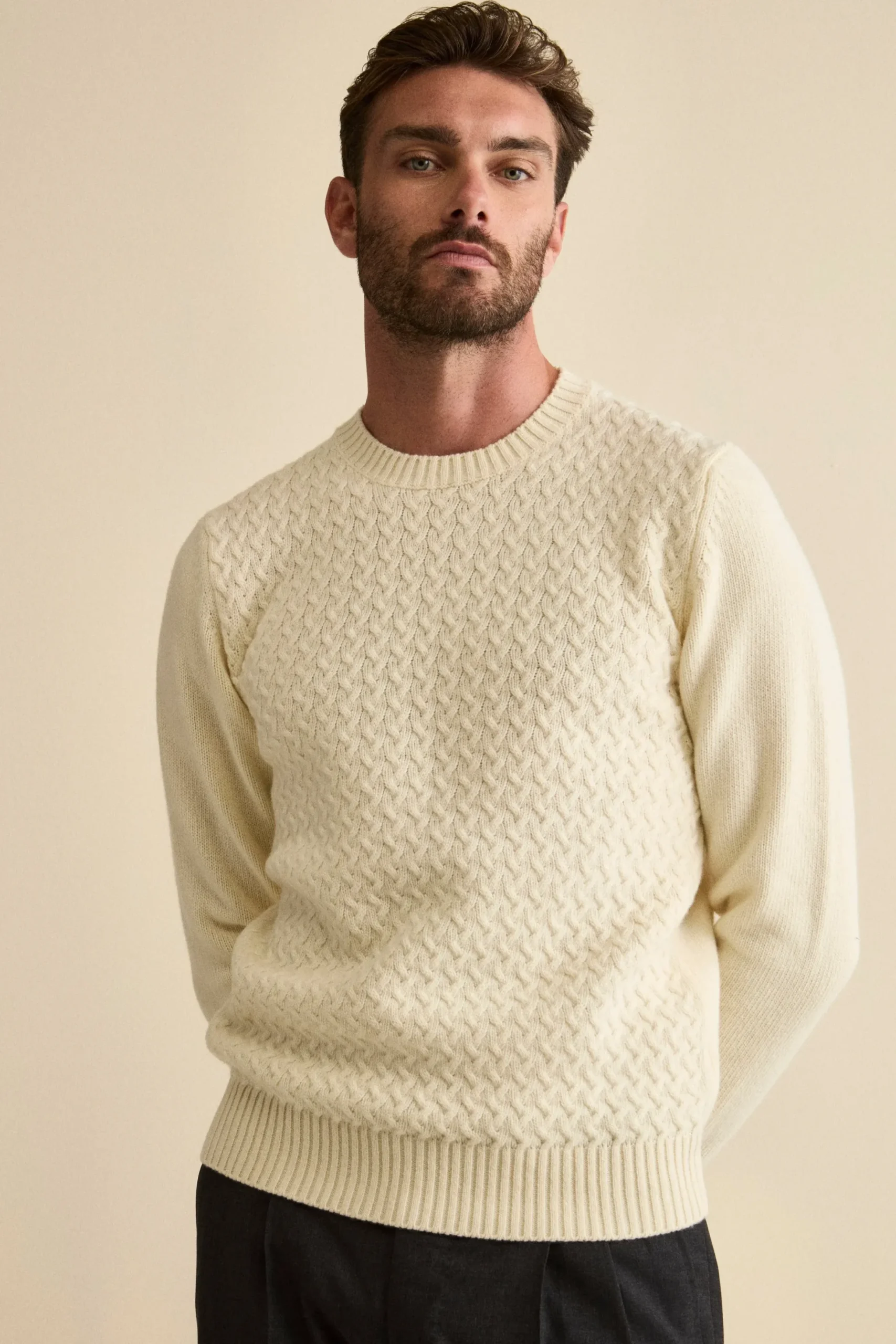Maglia Girocollo in Lana a Trecce - LATTE