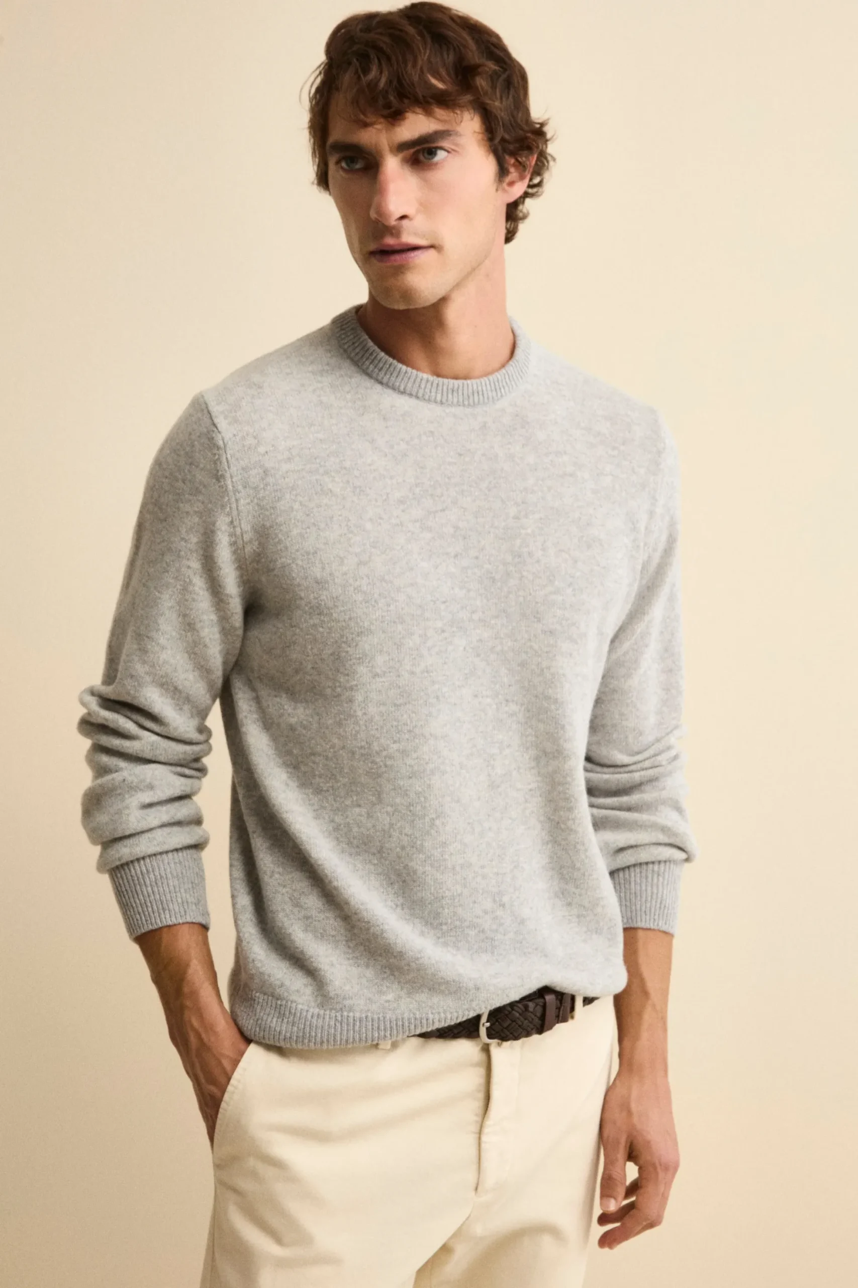 Maglia Girocollo Mouliné in Lana Merino Extrafine - GRIGIO CHIARO