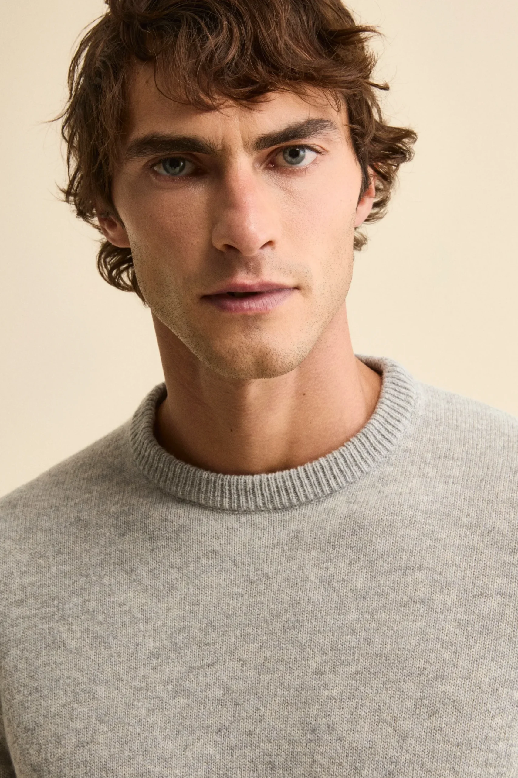 Maglia Girocollo Mouliné in Lana Merino Extrafine - GRIGIO CHIARO