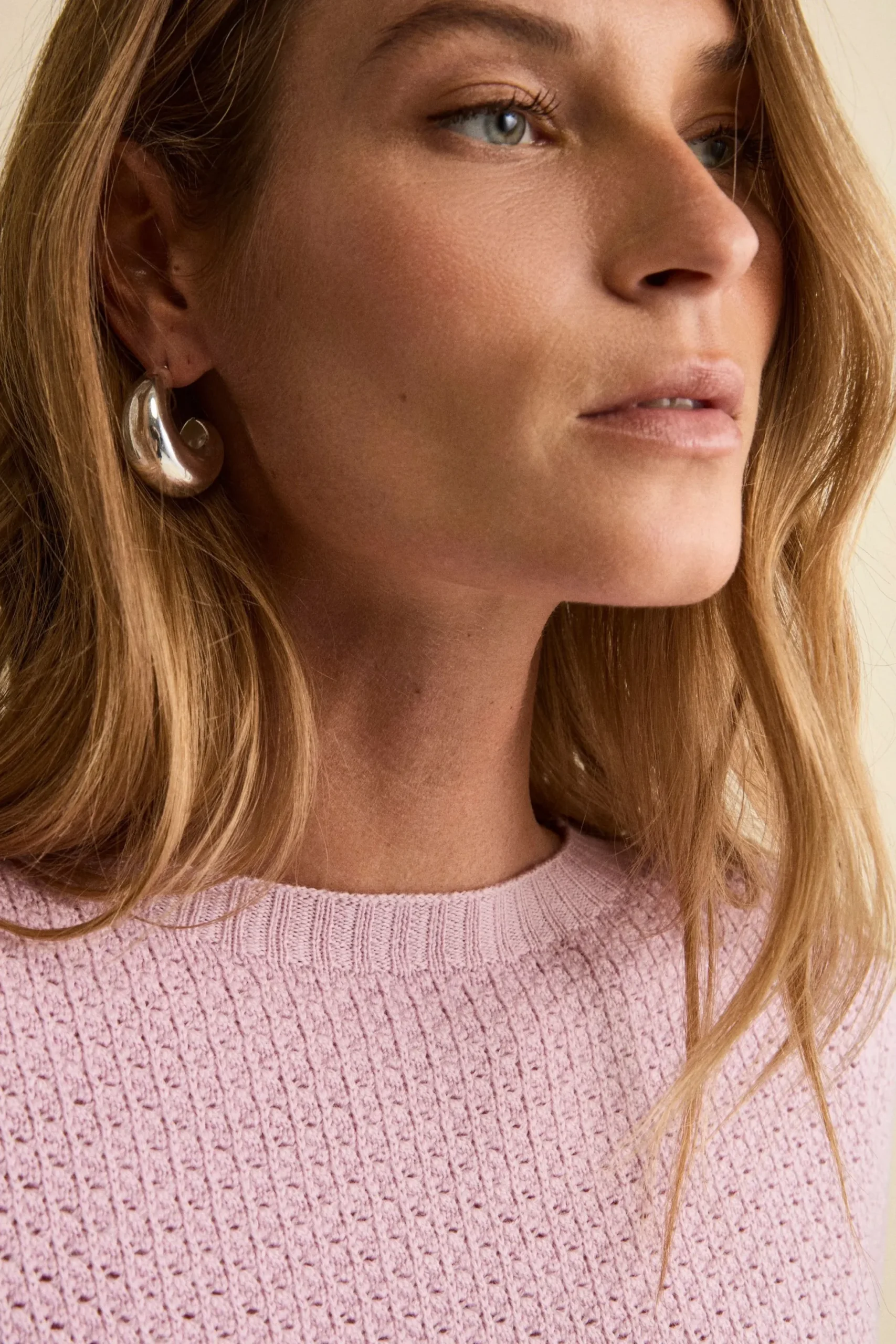 Maglia Girocollo Traforata in Lana Merino - ROSA