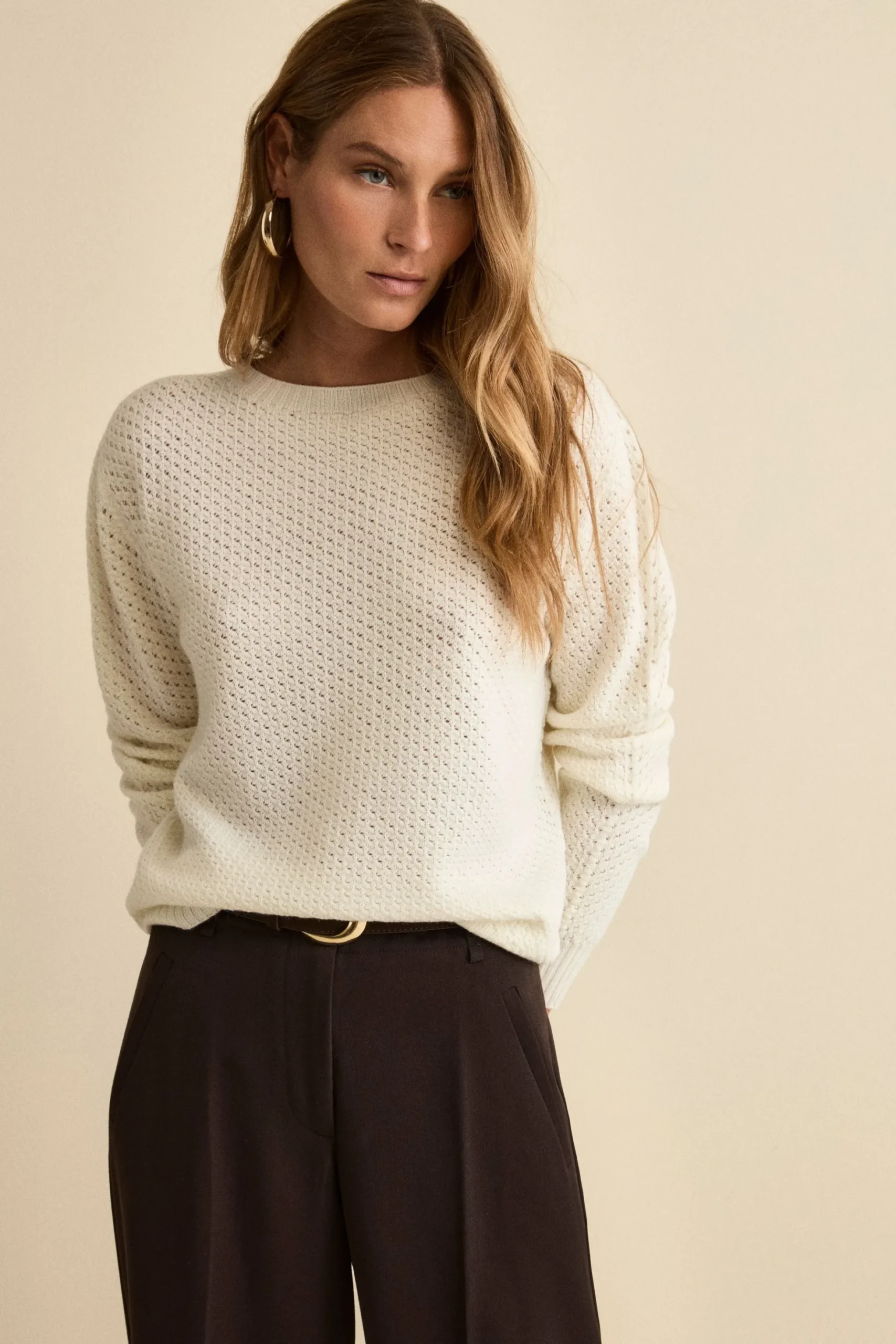 Maglia Girocollo Traforata in Lana Merino - ECRU