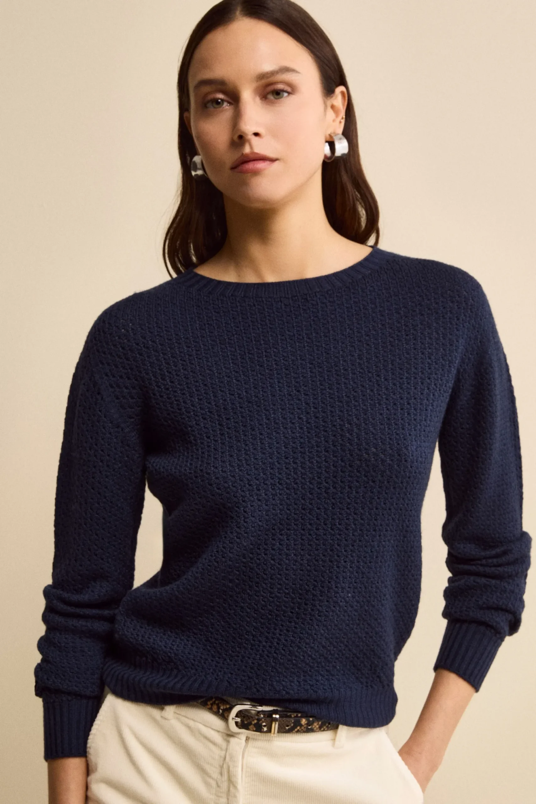 Maglia Girocollo Traforata in Lana Merino - NAVY