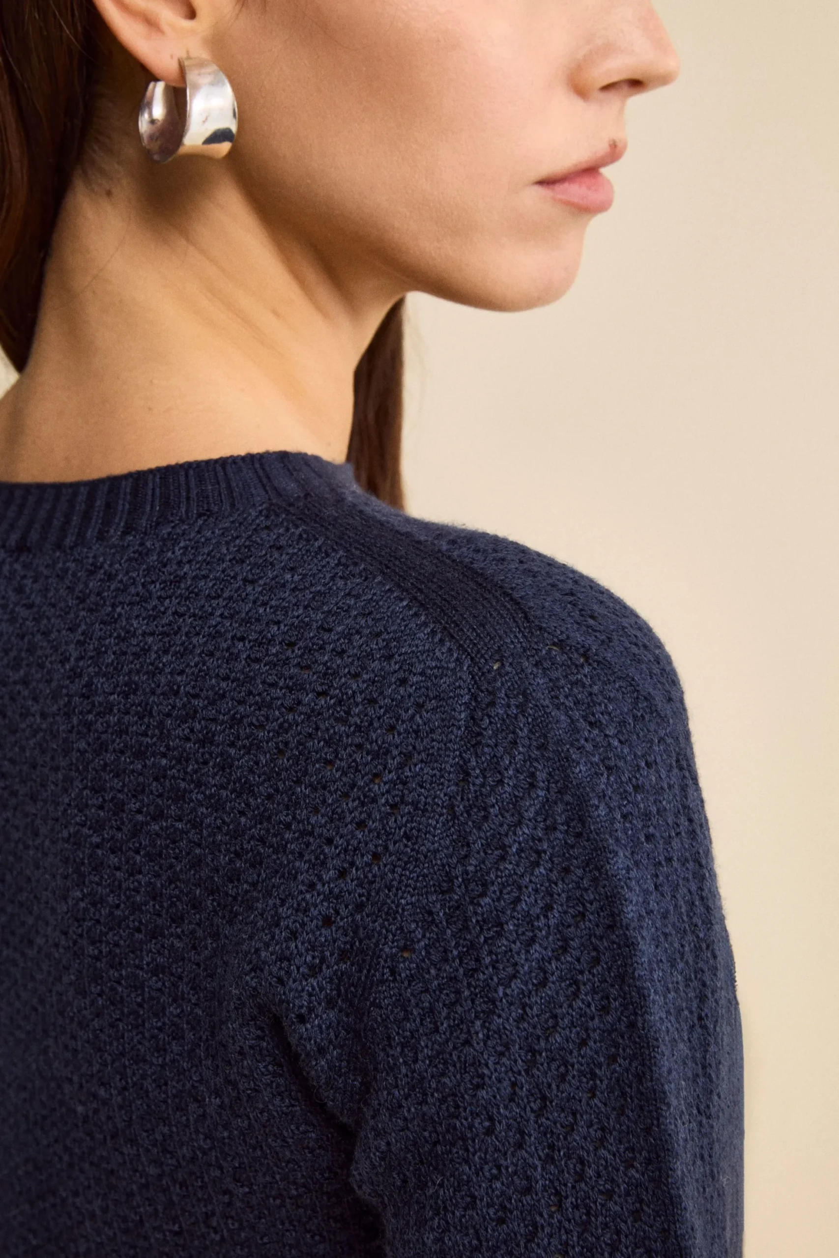 Maglia Girocollo Traforata in Lana Merino - NAVY