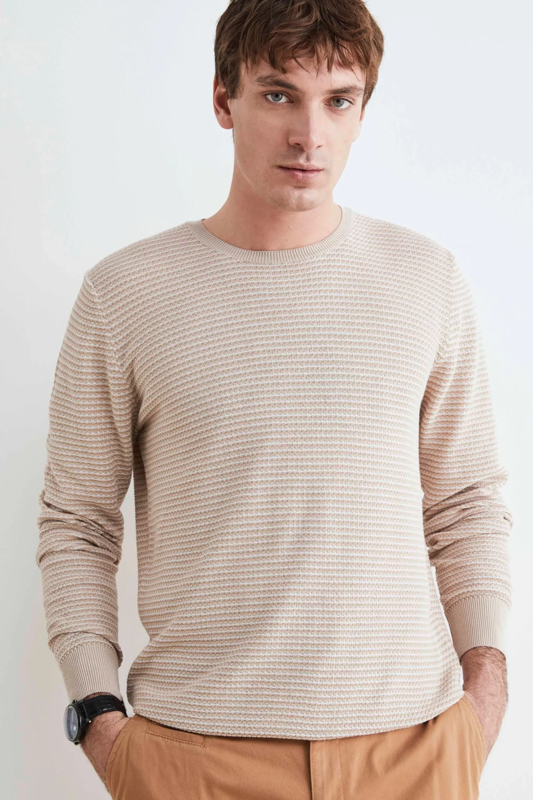 Maglia in cotone con texture - BEIGE/PANNA