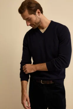 Maglia in lana con scollo a V - BLU NOTTE