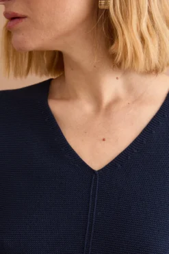 Maglia Scollo a V con Dettagli a Costine - NAVY
