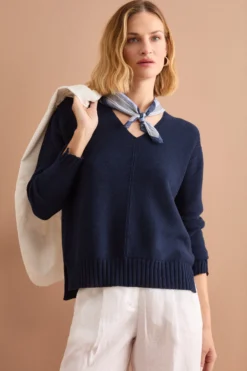 Maglia Scollo a V con Dettagli a Costine - NAVY