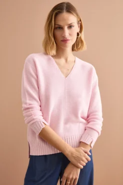 Maglia Scollo a V con Dettagli a Costine - ROSA