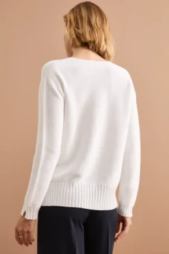 Maglia Scollo a V con Dettagli a Costine - BIANCO