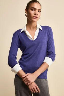 Maglia Scollo a V Extrafine in Seta e Cashmere - BLU APERTO