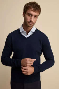 Maglia scollo a V in cotone con Bordi Lavorati - BLU