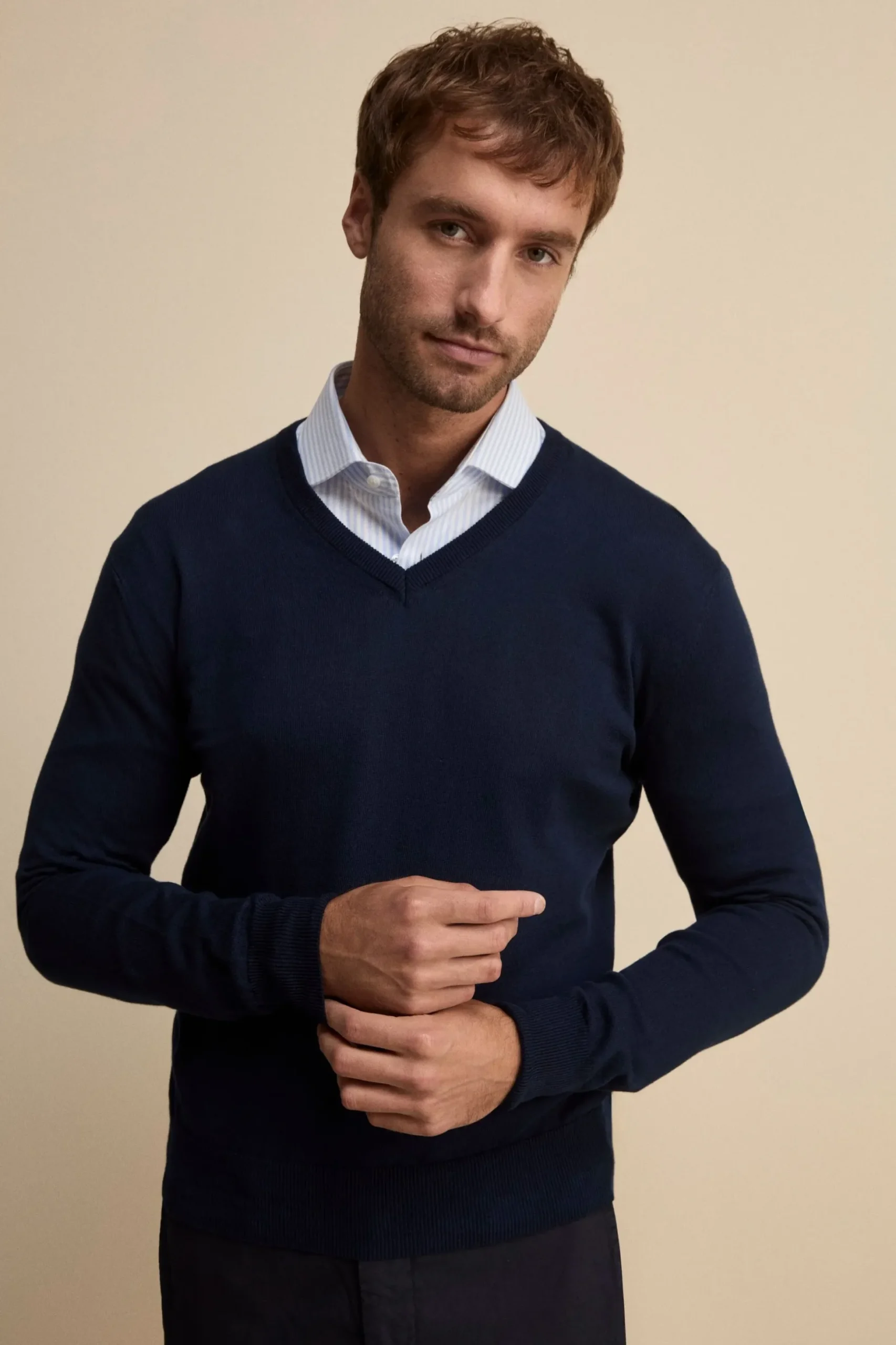 Maglia scollo a V in cotone con Bordi Lavorati - BLU