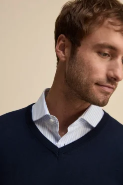 Maglia scollo a V in cotone con Bordi Lavorati - BLU