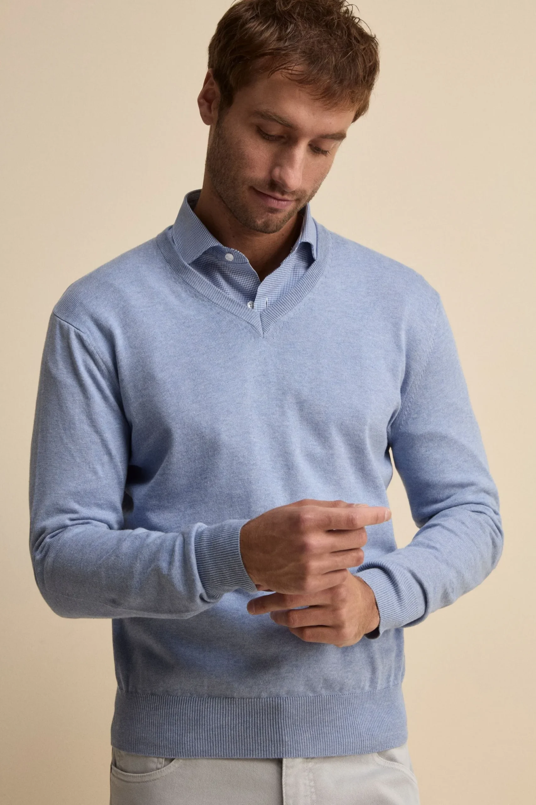 Maglia scollo a V in cotone con Bordi Lavorati - AZZURRO MELANGE