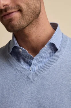 Maglia scollo a V in cotone con Bordi Lavorati - AZZURRO MELANGE
