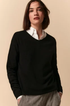 Maglia Scollo a V in Seta e Cashmere - NERO