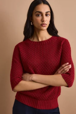 Maglia Traforata in Cotone con Scollo Barchetta - BORDEAUX CHIARO