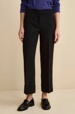 Pantalone a Gamba Larga con Risvolto in Misto Lana - NERO