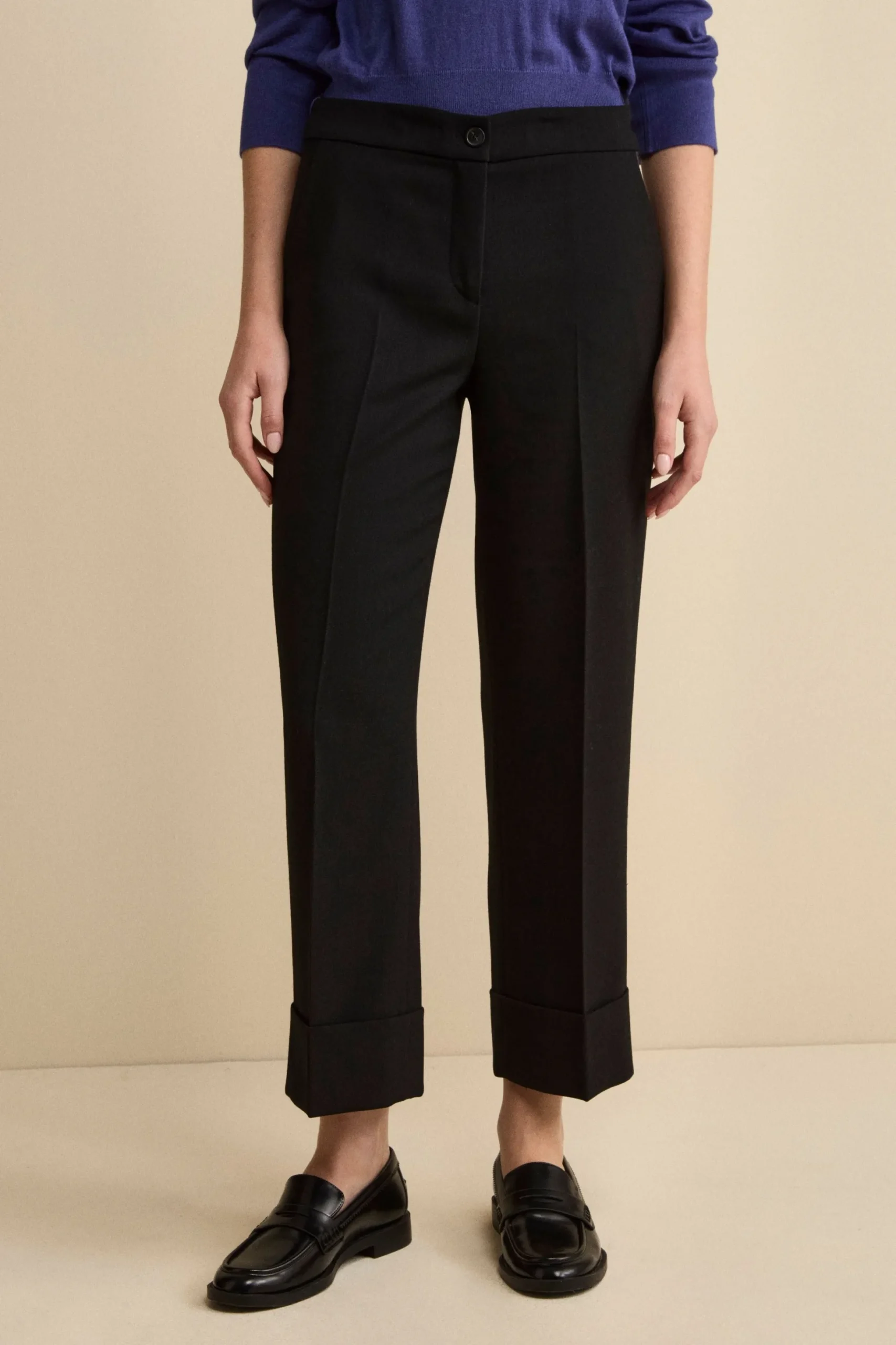 Pantalone a Gamba Larga con Risvolto in Misto Lana - NERO