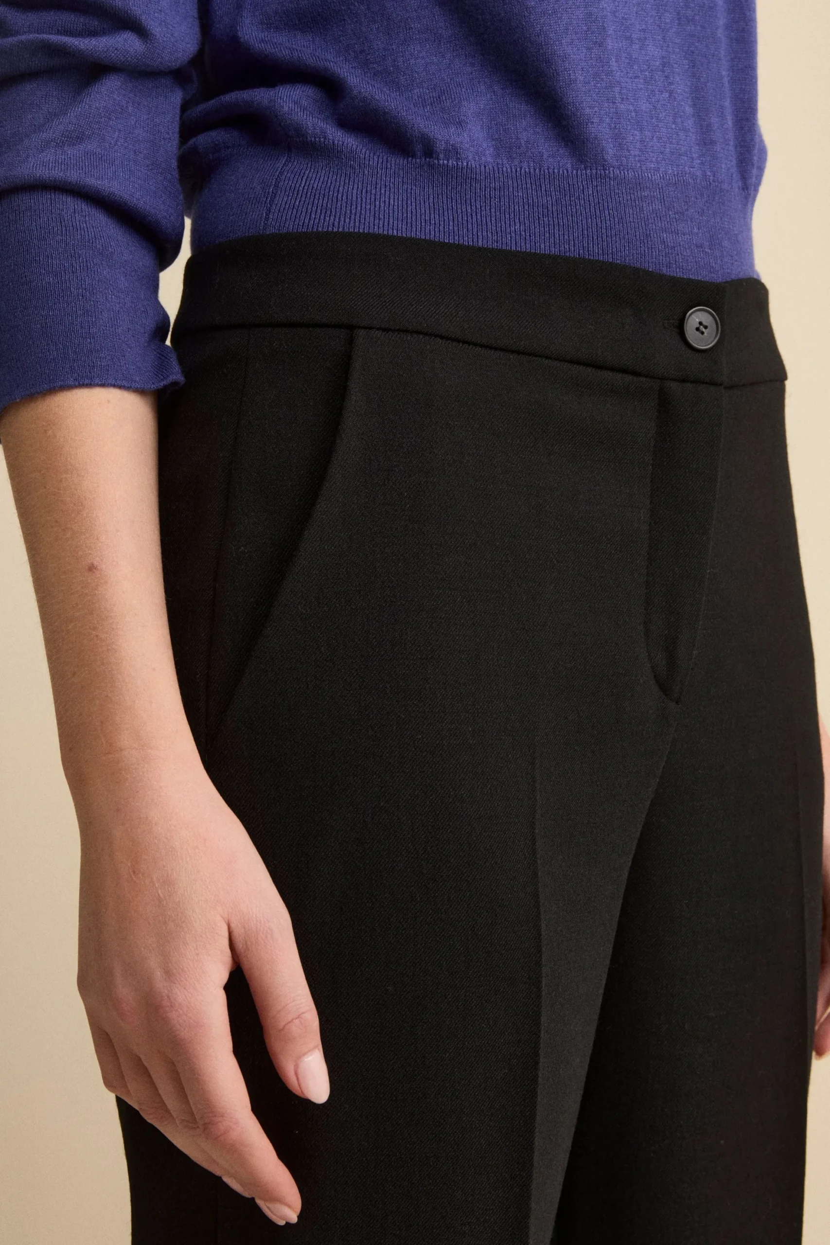 Pantalone a Gamba Larga con Risvolto in Misto Lana - NERO