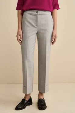 Pantalone a Gamba Larga con Risvolto in Misto Lana - GRIGIO CHIARO
