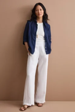 Pantalone Ampio in Misto Lino con Elastico - BIANCO